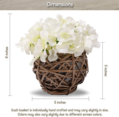 Small Indoor Artificial Hydrangea Flowers in Woven Wicker Plant Basket Pots .