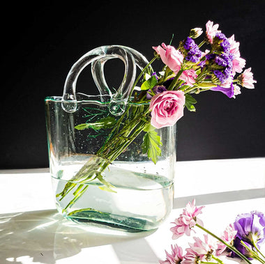 Purse vase for flowers (handmade) glass bag