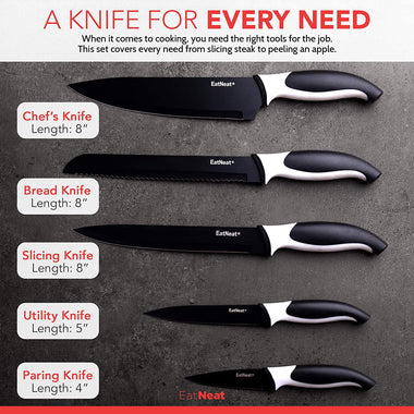 EatNeat 12-Piece Kitchen Knife Set - 5 Black Stainless Steel Knives