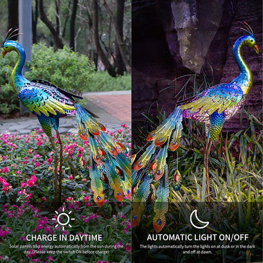 Metal Peacocks Solar Garden Decor Outdoor Statues Sculptures