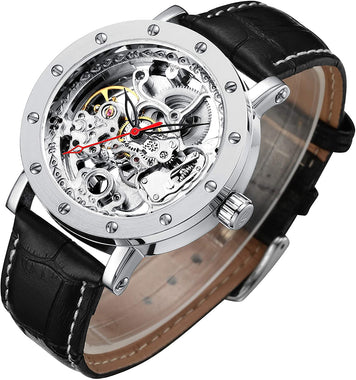 GUTE Mechanical Stainless Steel Skeleton Steampunk Design Wrist Watch