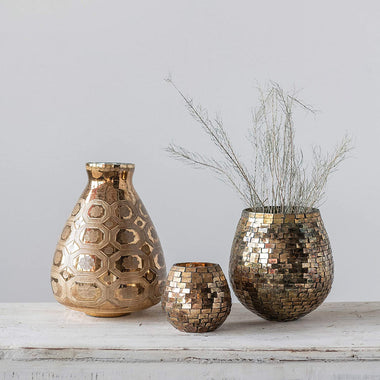 Etched Mercury Glass Gold Finish Vase