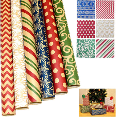 6 Rolls Kraft Gift Wrapping Paper (30 " X 156 ") for Holiday Xmas Gift Wrap.