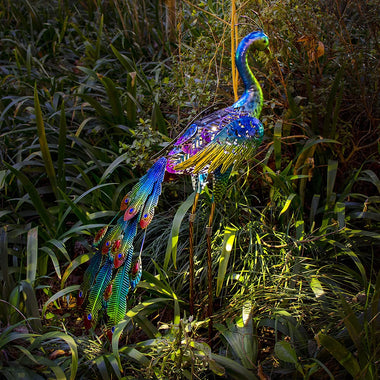 Metal Peacocks Solar Garden Decor Outdoor Statues Sculptures