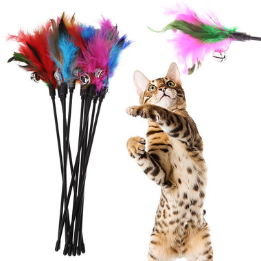 Cat Kitten Pet Toy Colorful Feather Short Rod Interactive Stick Bell Toy