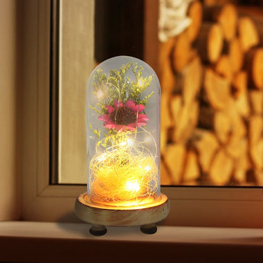 Sunflower Banquet Dried Flowers in Glass Dome Warm Light Bedside Lamp