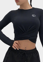 Casual Women Tops Pleated Workout Solid O Neck Long Sleeve
